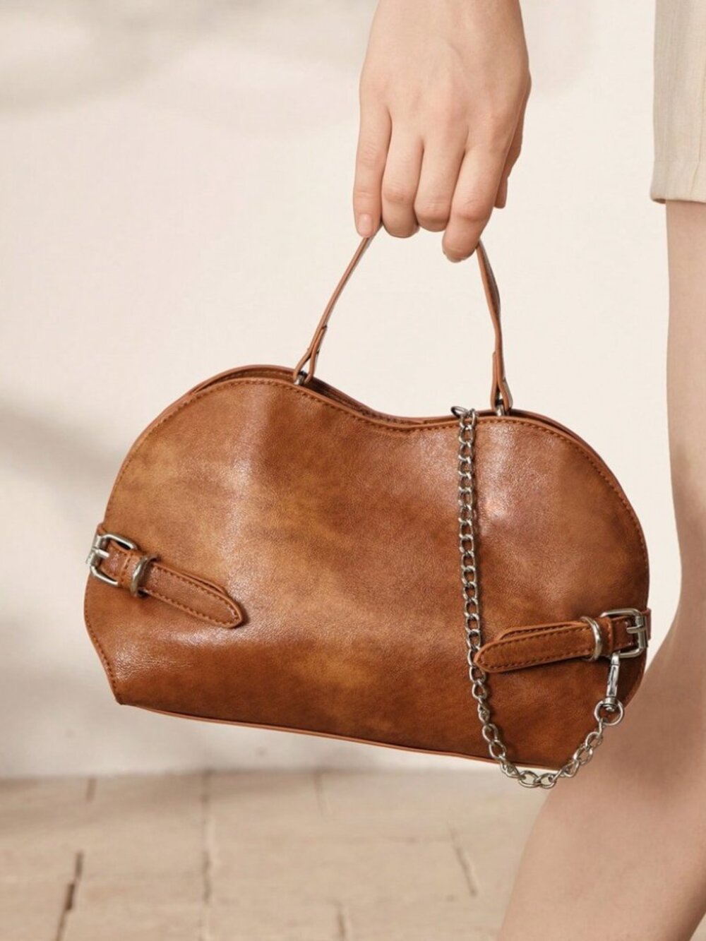 Cognac Brown Curved Top Handle Bag with Chain Strap